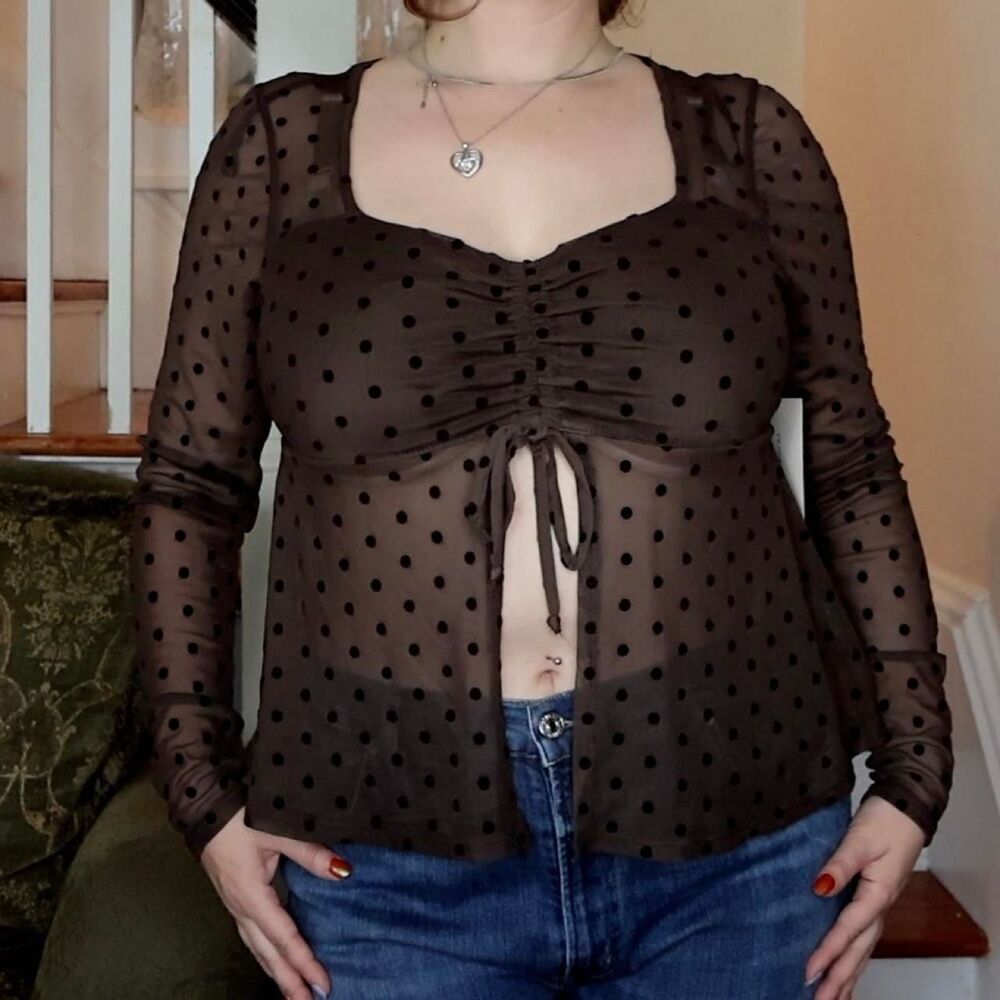 Brown Polka Dot Mesh Long Sleeve Sz XL NWT Flutter Front Whimsigoth Fairy Grunge